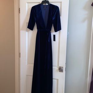 Aidan Matton blue velvet maxi wrap dress